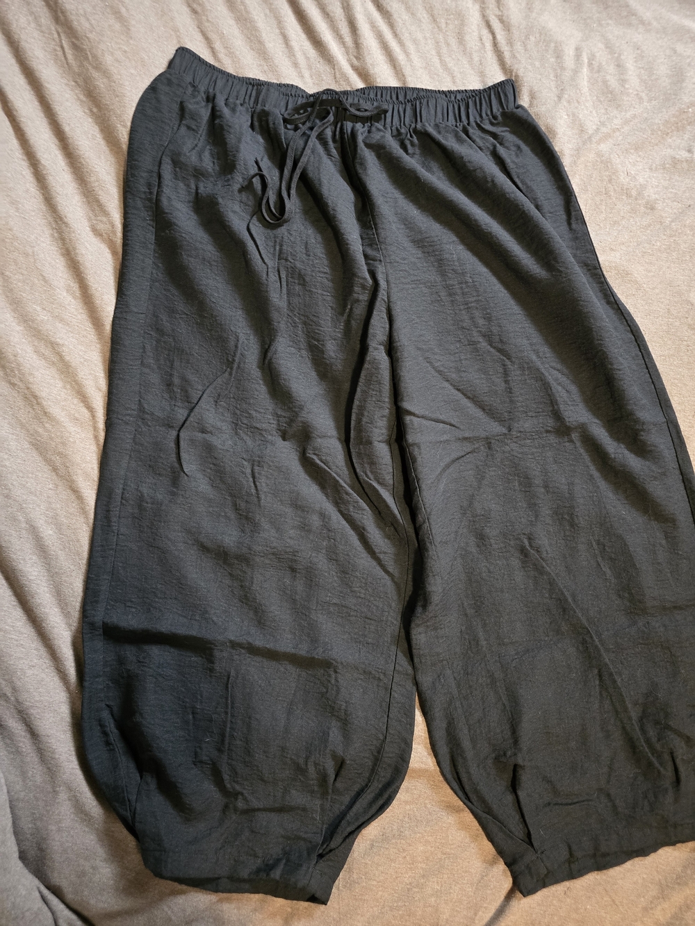 Black Wide-Leg Drawstring Cotton/linnen Blend Pants